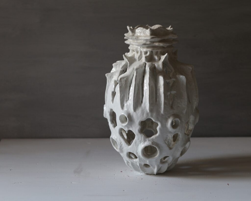 Sculptural White Rose like head Vase: Handmade Air Dry Clay, Gothic Decor