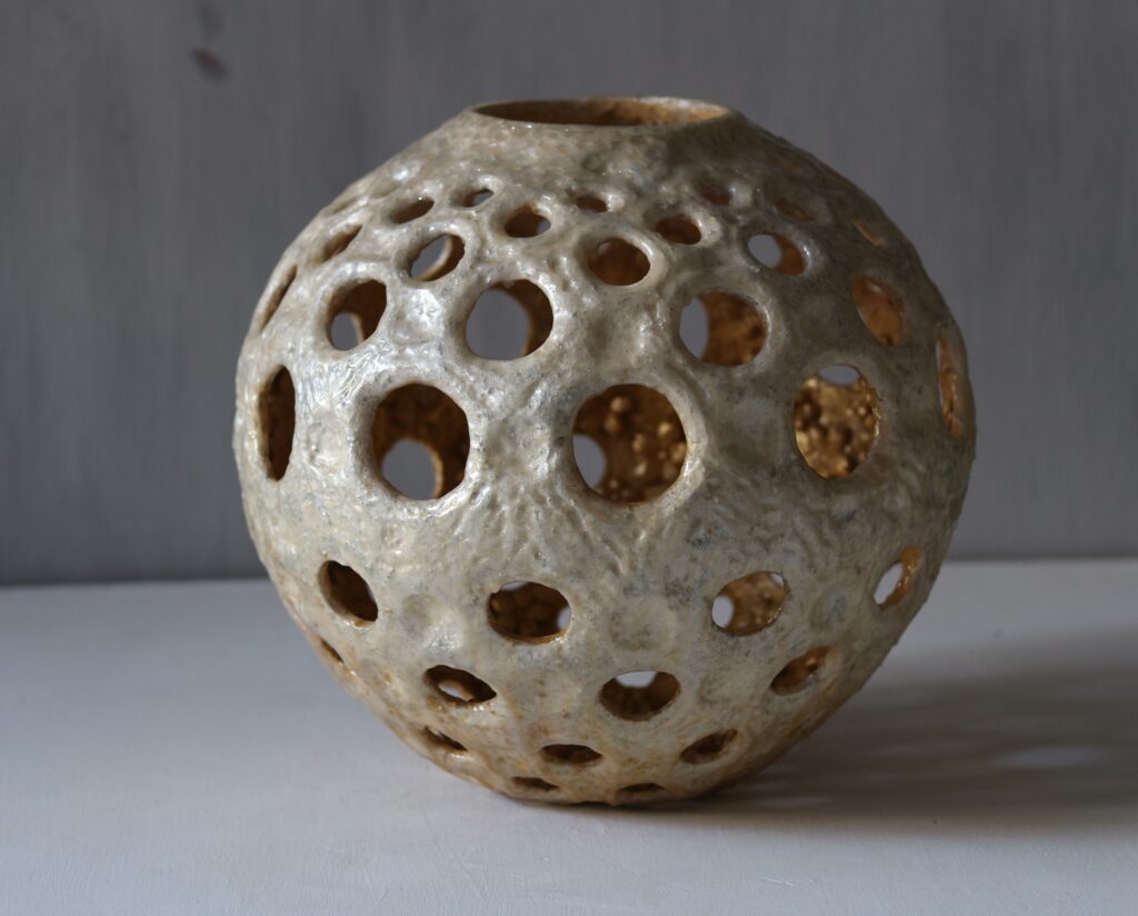 Glow in the Dark Orb Vase: Handmade Perforated Clay Sphere, Golden Interior 