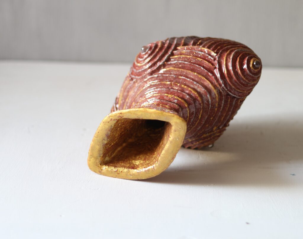 Handmade Sculptural Vase – Tribal Modern Decor with Gold & Glass Accents – One of a Kind 