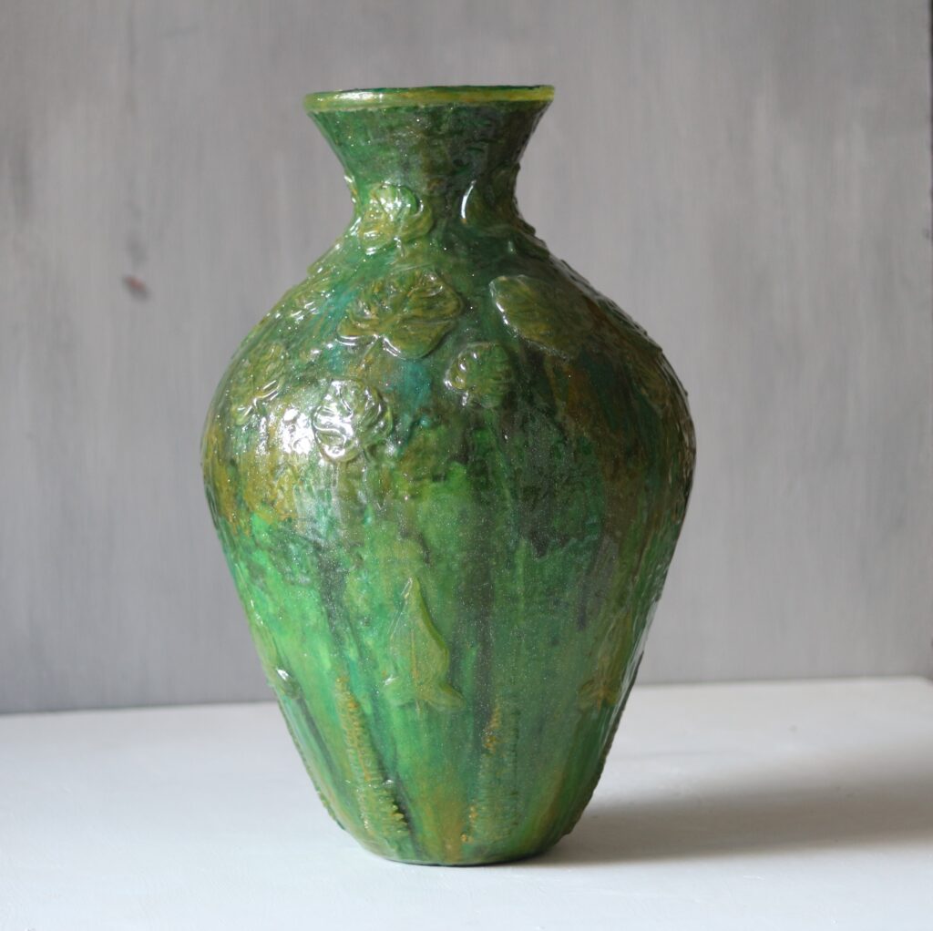 Emerald Green Textured Vase, Handmade Leaf Motif Sculpture, Air Dry Clay Organic Glow Art