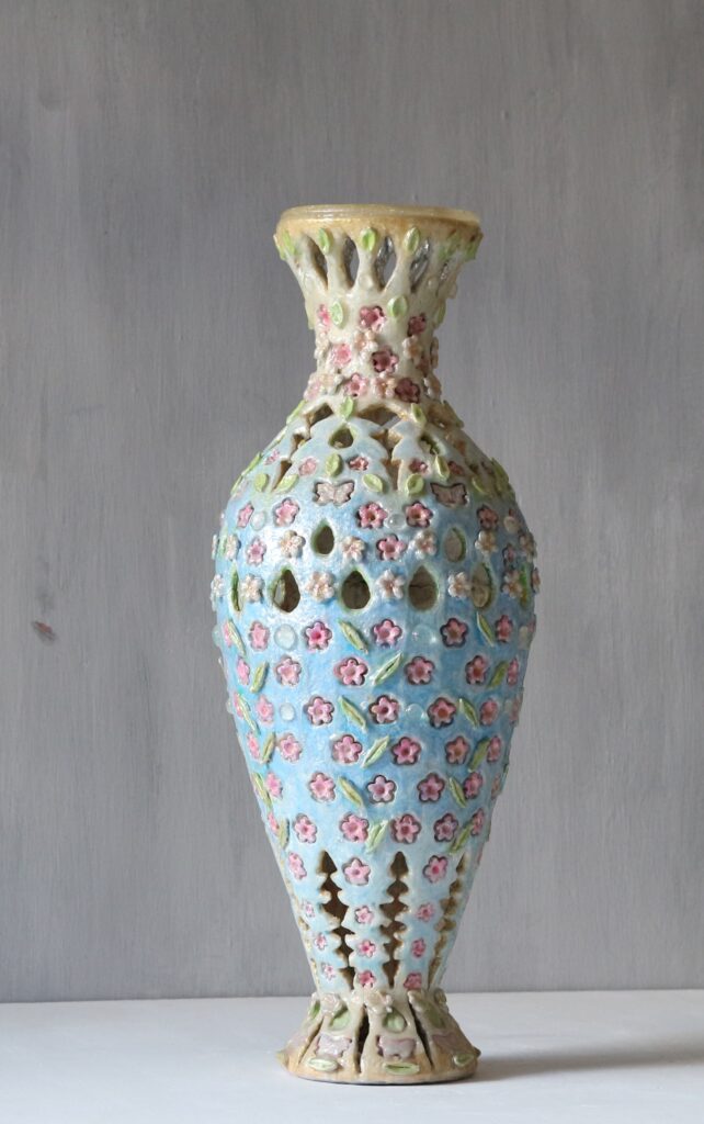 Hand-Carved Ceramic Butterfly Vase: 29.5" Geometric Floral Sculpture