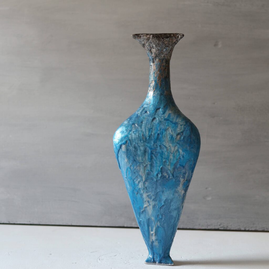 Geometric blue and silver sculptural vase, mica powder and epoxy resin art.