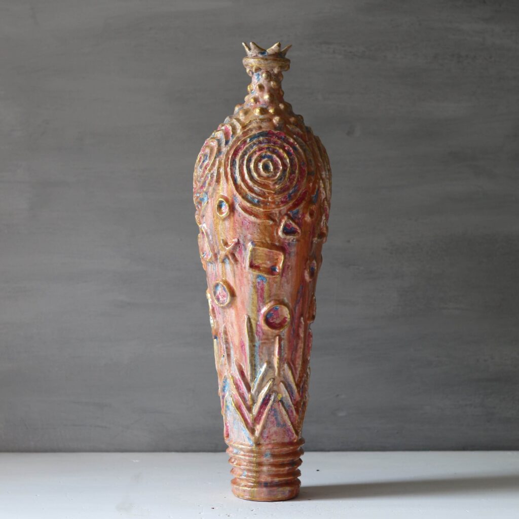 orange and red Hand-sculpted Wabi-sabi vase with spiral patterns, organic mineral-base clay art