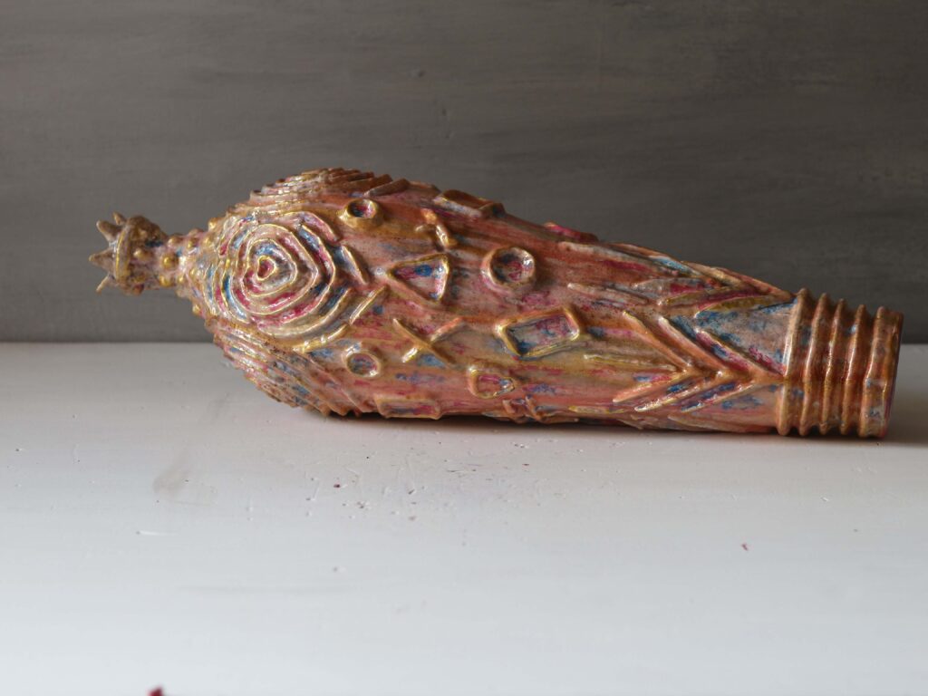 Detail of textural sculptural vessel, unique air-dry clay formulation.