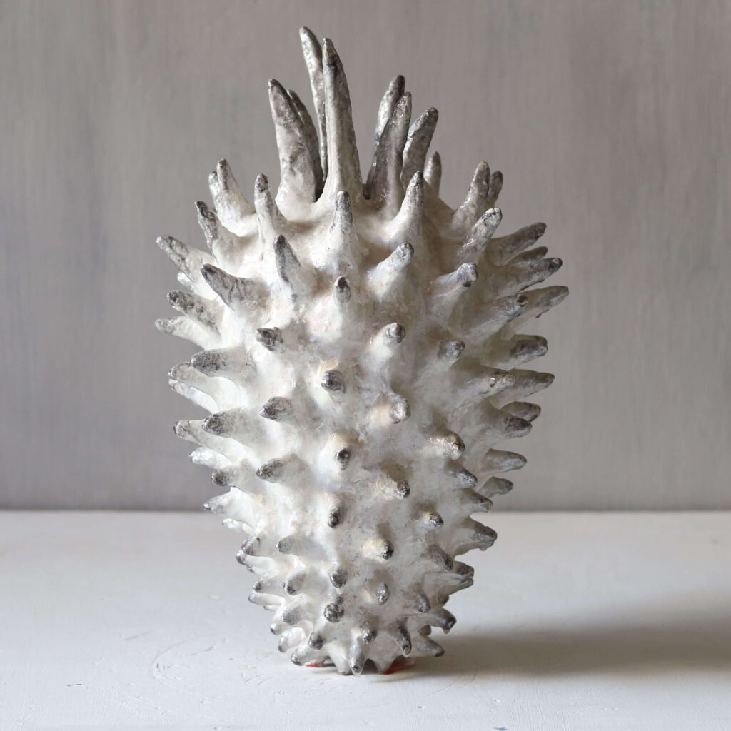 Hand-sculpted white spike sculptural vase, gallery-grade mineral clay art,White spike sea urchin vase, organic modern statement centerpiece.